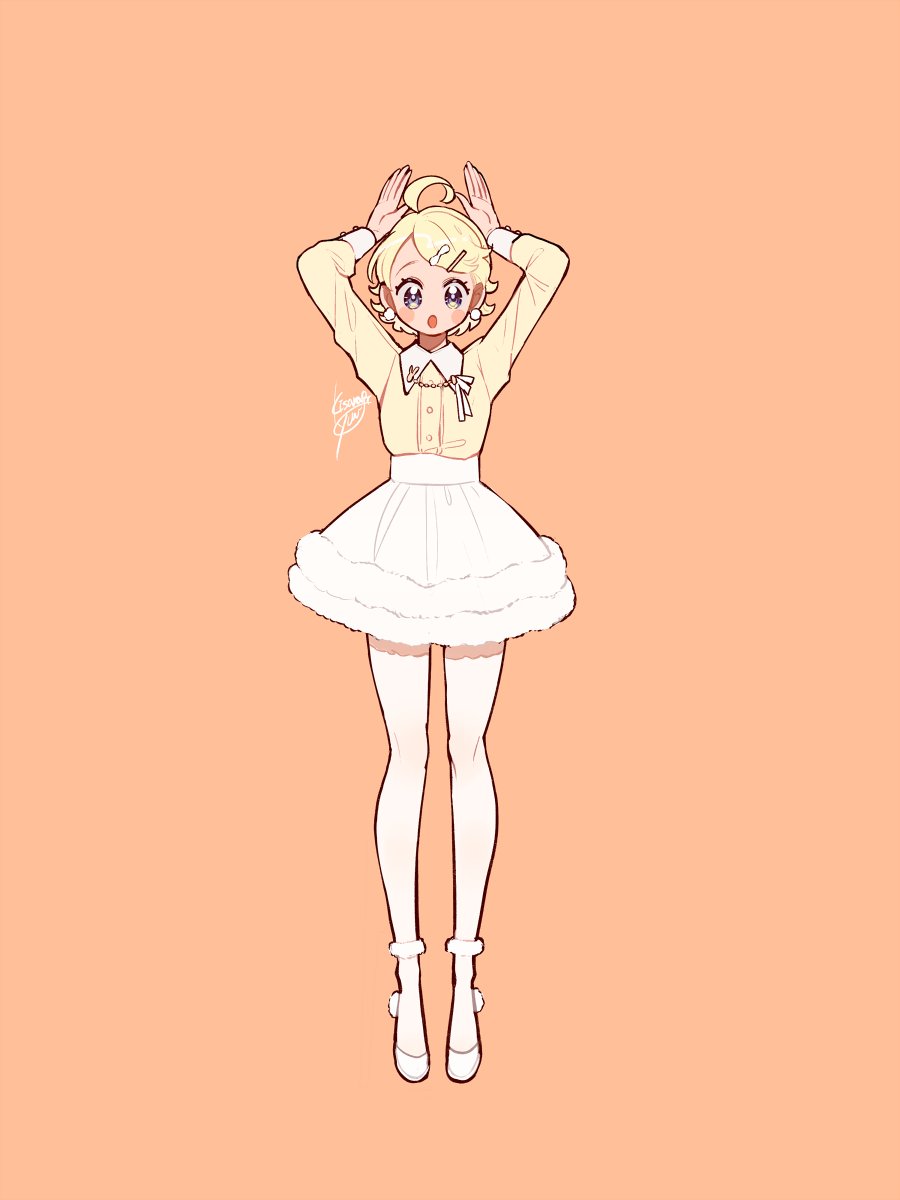 1girl arms_up blonde_hair full_body grey_eyes hair_ornament hairclip highres kisaragi_yuu_(fallen_sky) long_sleeves looking_at_viewer open_mouth orange_background original pantyhose shirt shoes short_hair signature simple_background solo standing white_footwear white_legwear yellow_shirt