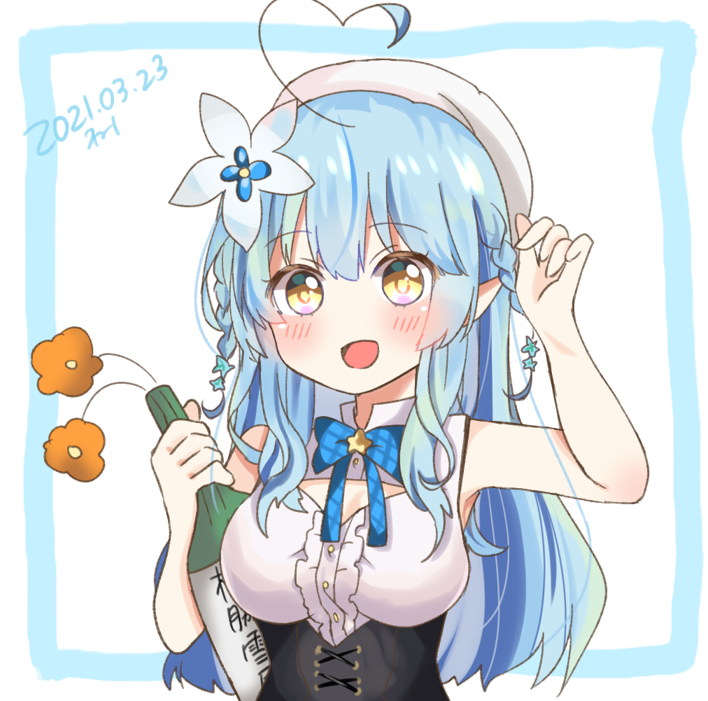 1girl ahoge alcohol arm_up armpits black_corset blue_hair blue_ribbon blush blush_stickers bottle breasts buttons commentary corset dated eyebrows_visible_through_hair flower hair_flower hair_ornament heart_ahoge holding holding_bottle hololive large_breasts long_hair looking_at_viewer making-of_available momosuzu_nene_(artist) portrait ribbon ribbon-trimmed_collar ribbon_trim sake sake_bottle shirt signature simple_background sleeveless sleeveless_shirt virtual_youtuber white_background white_shirt yellow_eyes yukihana_lamy