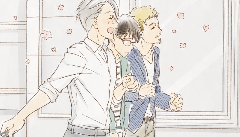 3boys ^_^ belt black_hair blazer blonde_hair blush christophe_giacometti closed_eyes collared_shirt facial_hair flower_(symbol) glasses jacket katsuki_yuuri male_focus multiple_boys open_mouth shirt silver_hair smile striped striped_shirt viktor_nikiforov yamano_uzura yuri!!!_on_ice