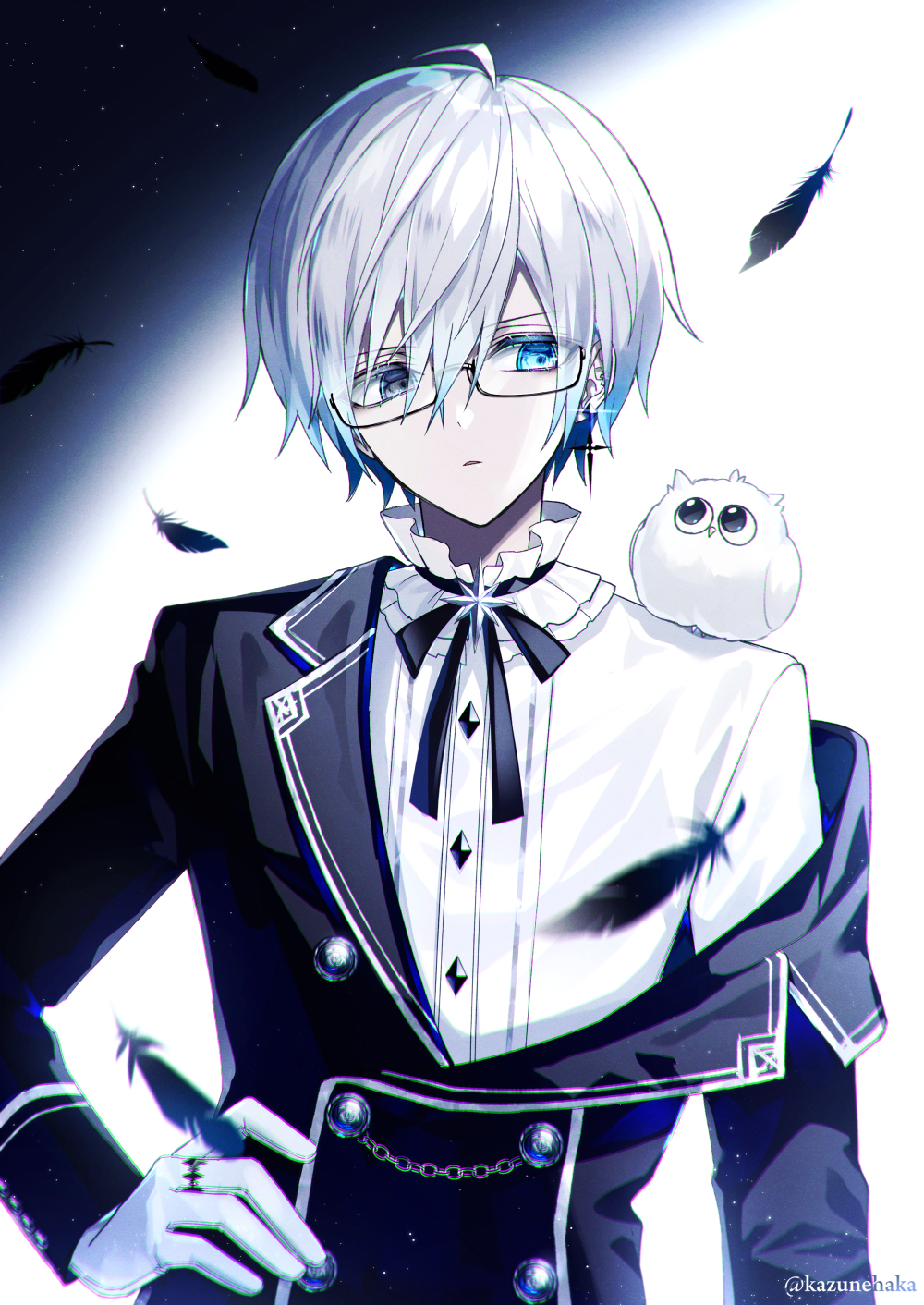 1boy bangs bird black_jacket black_neckwear buttons collared_shirt earrings feathers hair_between_eyes heterochromia highres jacket jacket_removed jewelry kazunehaka light_particles long_sleeves looking_at_animal male_focus original owl shirt short_hair white_hair white_shirt