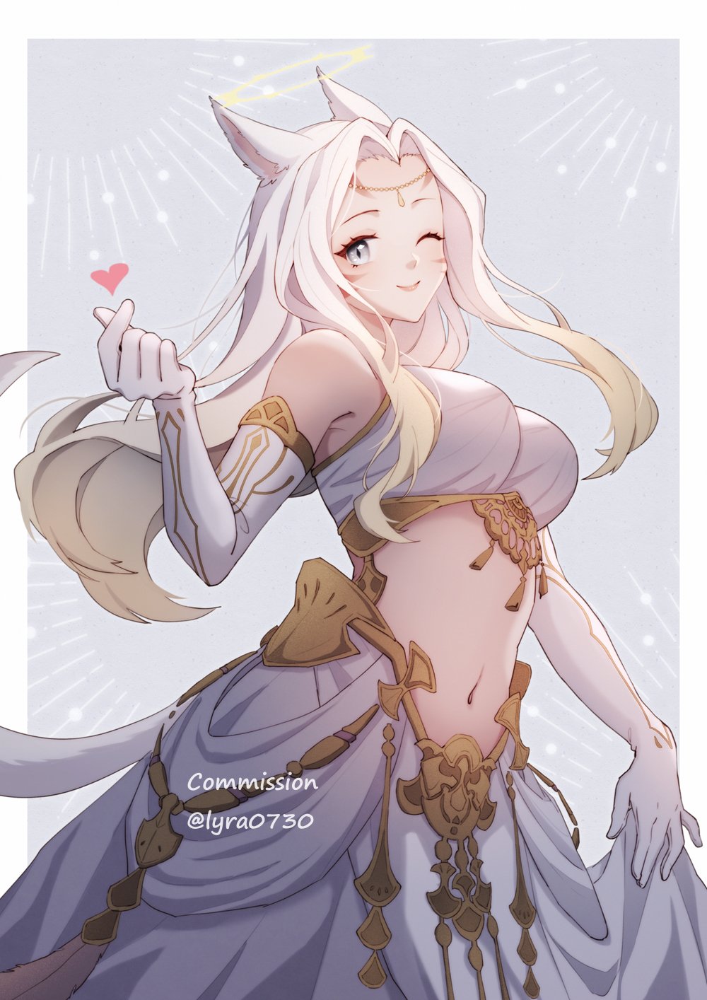 1girl animal_ears blue_eyes breasts cat_ears cat_tail commission elbow_gloves facial_mark final_fantasy final_fantasy_xiv gloves halo head_chain heart highres long_hair looking_at_viewer lyra-kotto medium_breasts midriff miqo'te navel one_eye_closed simple_background slit_pupils smile solo tail twitter_username whisker_markings white_gloves white_hair