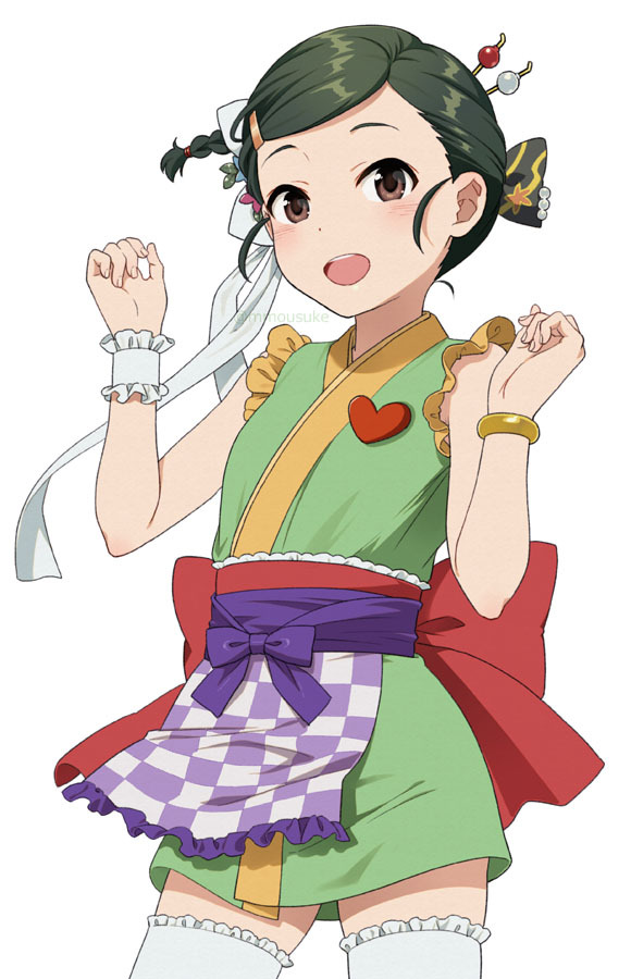 1girl :d apron bangle blush bow bracelet braid brown_eyes character_request checkered checkered_apron frilled_apron frilled_legwear frills green_hair green_kimono hair_bow hair_ornament hairclip hands_up heart idolmaster idolmaster_cinderella_girls idolmaster_cinderella_girls_starlight_stage japanese_clothes jewelry kimono mattaku_mousuke obi open_mouth sash short_kimono simple_background single_wrist_cuff sleeveless sleeveless_kimono smile solo thigh-highs twitter_username waist_apron white_background white_bow white_legwear