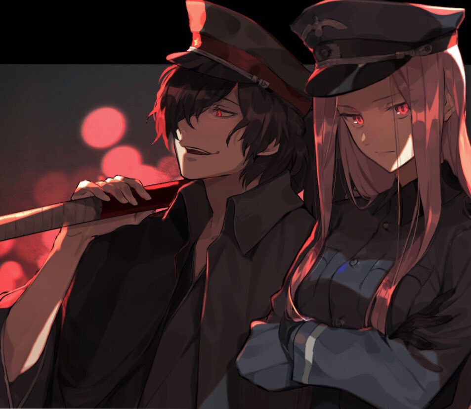 1boy 1girl black_hair black_jacket closed_mouth fate/grand_order fate_(series) gloves hair_over_one_eye hat holding holding_weapon jacket long_hair looking_at_viewer military military_hat military_uniform okada_izou_(fate) open_mouth ponytail purple_hair red_eyes rider uniform weapon ya_4004