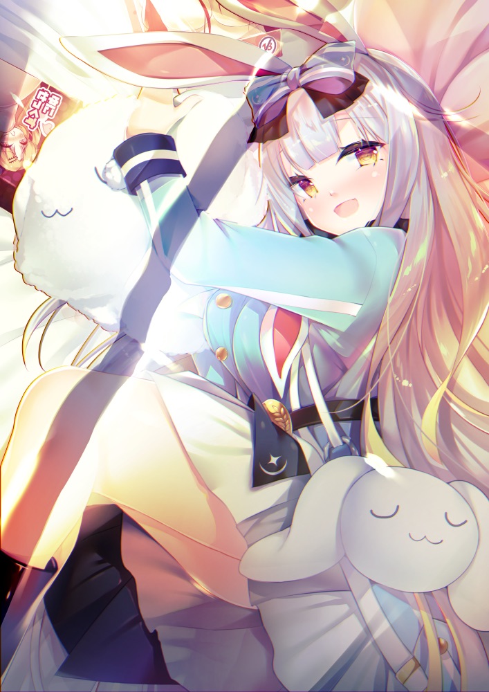 1girl :d animal_ears bangs blush bow eyebrows_visible_through_hair grey_hair hair_bow hair_ribbon indie_virtual_youtuber long_hair long_sleeves looking_at_viewer mochizuki_himari moon_rabbit open_mouth rabbit_ears ribbon smile solo tear33 uni_create virtual_youtuber yellow_eyes