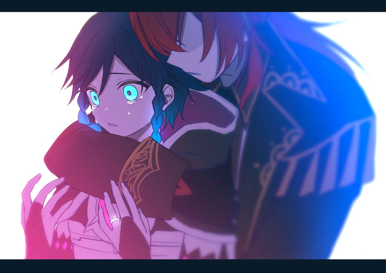2boys bangs black_hair blue_hair blurry braid capelet chiroron crop_top crying crying_with_eyes_open diluc_(genshin_impact) faceless faceless_male genshin_impact gloves gradient_hair green_eyes hair_between_eyes hood hood_down hooded_capelet hug hug_from_behind jewelry long_hair long_sleeves male_focus multicolored_hair multiple_boys open_mouth redhead ring short_hair_with_long_locks simple_background sparkle tears twin_braids venti_(genshin_impact)