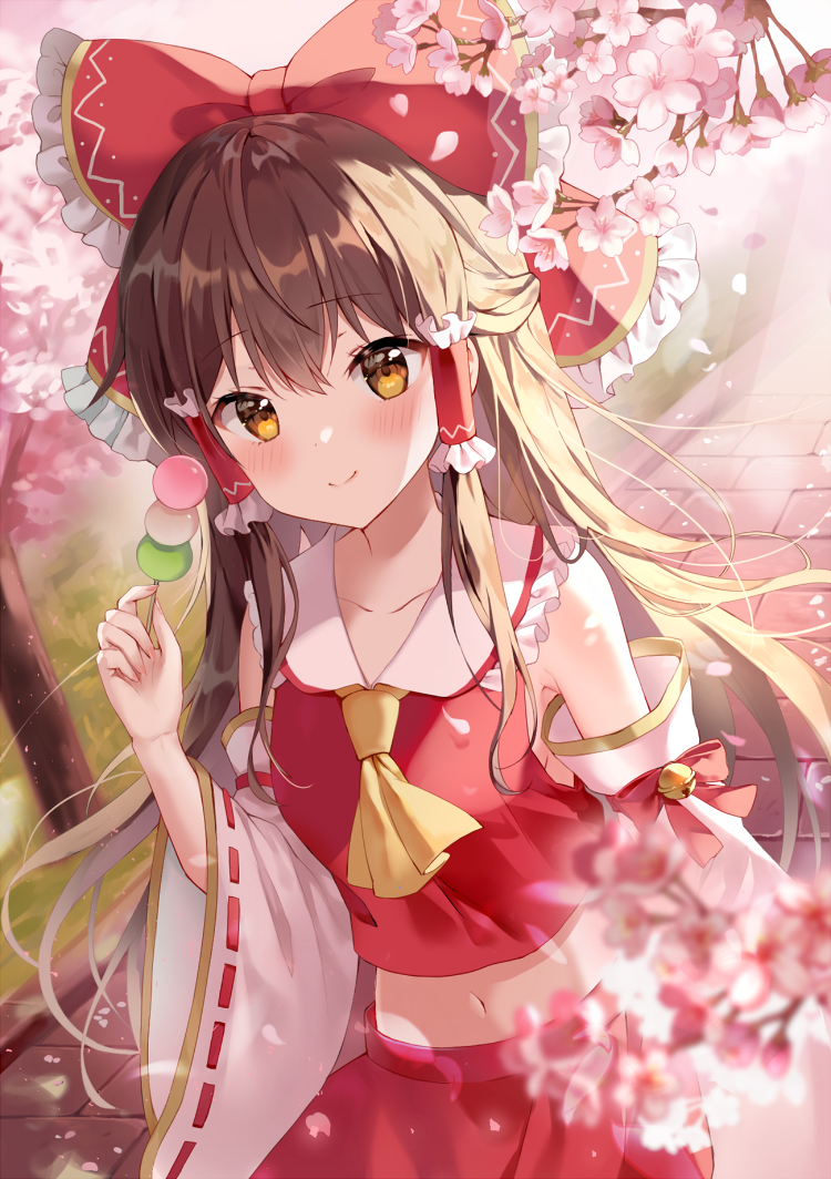 1girl ascot bangs bare_shoulders bell blush bow breasts brick_road brown_eyes brown_hair cherry_blossoms closed_mouth collarbone cowboy_shot dango day detached_sleeves dutch_angle eyebrows_visible_through_hair falling_petals flower food frilled_bow frilled_hair_tubes frills gold_trim hair_between_eyes hair_bow hair_tubes hakurei_reimu hand_up jingle_bell light_rays long_hair looking_at_viewer mayo_(miyusa) medium_breasts midriff navel outdoors petals pink_flower red_bow red_ribbon red_skirt red_vest ribbon ribbon-trimmed_sleeves ribbon_trim sidelocks skirt skirt_set smile solo touhou tree very_long_hair vest wagashi wide_sleeves