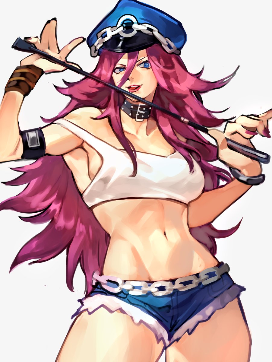 1girl abs blue_eyes chain choker crop_top hat highres holding holding_whip long_hair looking_at_viewer midriff peaked_cap pink_hair poison_(final_fight) shorts street_fighter transgender uncle_rabbit_ii whip