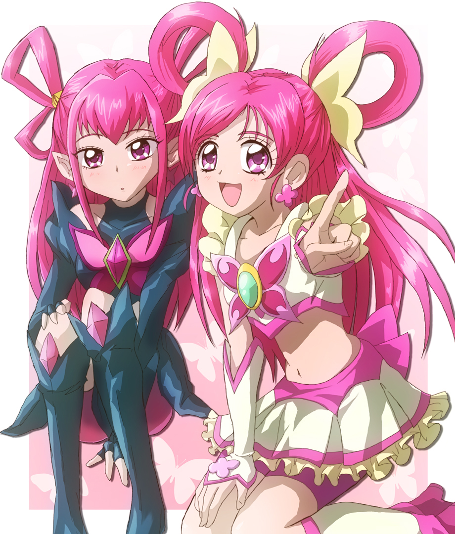 2girls :d arm_warmers bangs bike_shorts black_clothes black_footwear boots bow brooch butterfly_earrings butterfly_ornament cure_dream dark_cure_(yes!_precure_5) dark_dream detached_sleeves earrings feet_out_of_frame fingerless_gloves frilled_skirt frills futa-futa gloves jewelry knee_boots kneeling long_hair looking_at_viewer magical_girl midriff multiple_girls navel open_mouth patterned_background pink_bow pink_hair pink_theme pointing pointing_at_viewer pointy_ears precure shorts shorts_under_skirt sitting skirt smile stomach swept_bangs violet_eyes yellow_skirt yes!_precure_5 yumehara_nozomi