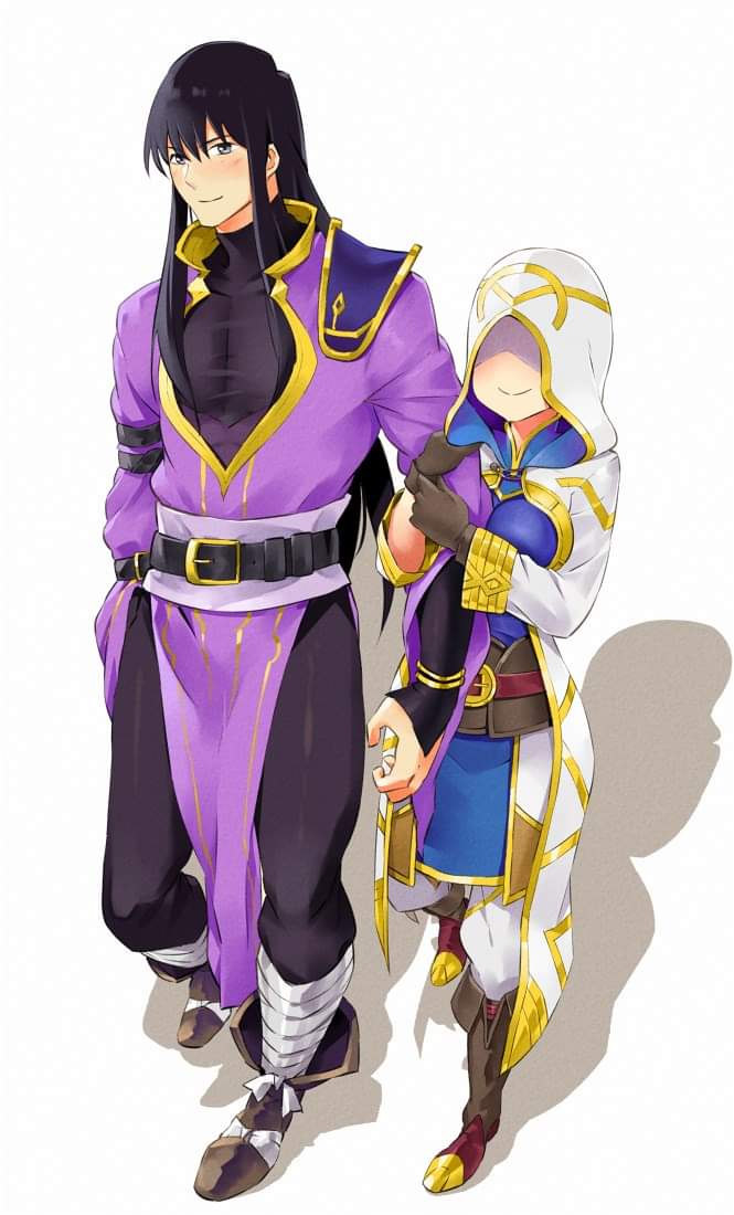 1boy 1girl black_hair breasts fire_emblem fire_emblem:_genealogy_of_the_holy_war fire_emblem_heroes full_body holding_another's_arm hood igni_tion kiran_(fire_emblem) long_hair looking_at_viewer no_eyes pectorals shadow shanna_(fire_emblem) smile white_background
