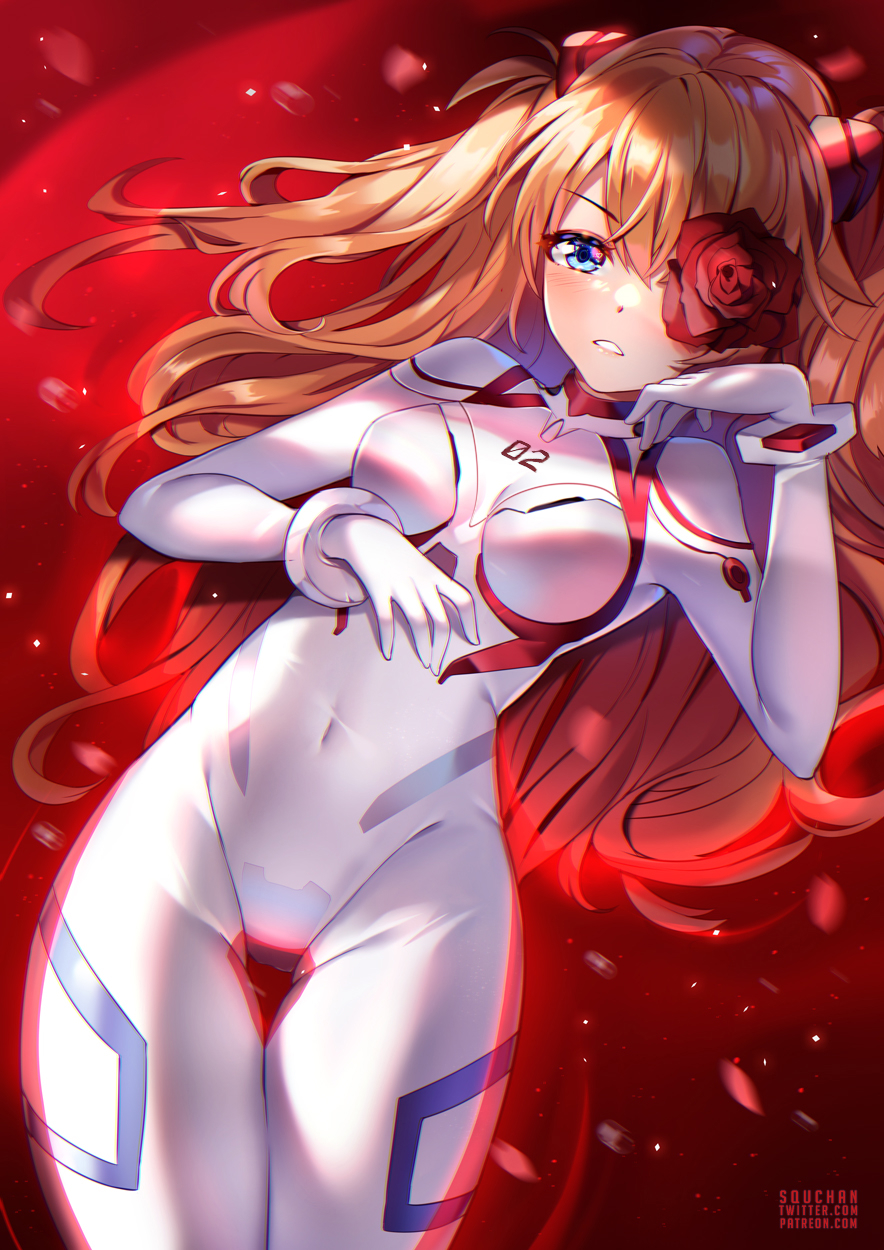 1girl artist_name bangs blue_eyes bodysuit breasts brown_hair commentary covered_navel eyebrows_visible_through_hair flower flower_over_eye gloves groin hair_between_eyes highres long_hair looking_at_viewer lying neon_genesis_evangelion on_back plugsuit red_flower red_rose rose small_breasts solo souryuu_asuka_langley squchan thigh_gap two_side_up very_long_hair watermark web_address white_bodysuit white_gloves
