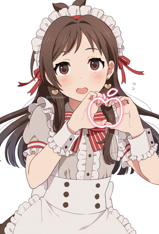 1girl alternate_costume apple apron bangs blush bow brown_eyes brown_hair brown_skirt center_frills collared_shirt earrings enmaided eyebrows_behind_hair flying_sweatdrops food frilled_apron frills fruit grey_shirt hands_up heart heart_earrings heart_hands idolmaster idolmaster_cinderella_girls idolmaster_cinderella_girls_starlight_stage jewelry long_hair looking_at_viewer maid maid_headdress mattaku_mousuke open_mouth puffy_short_sleeves puffy_sleeves red_bow shirt short_sleeves simple_background skirt solo striped striped_bow tsujino_akari twitter_username very_long_hair white_apron white_background wrist_cuffs