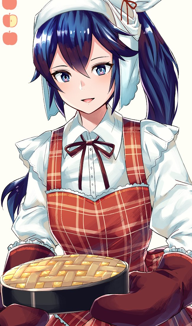 1girl alternate_costume alternate_hairstyle ameno_(a_meno0) apron baking black_hair blue_eyes fire_emblem fire_emblem_awakening food long_hair lucina_(fire_emblem) open_mouth oven_mitts pie ponytail smile solo symbol-shaped_pupils white_background