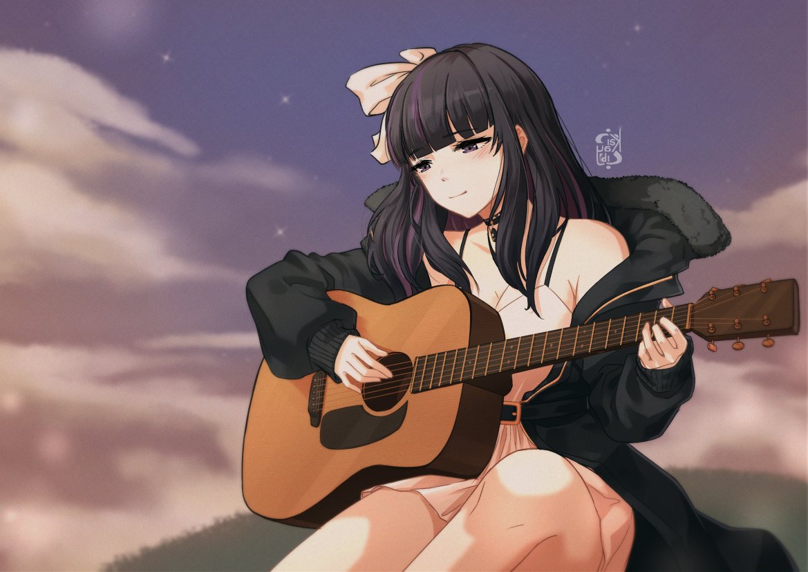 1girl bangs belt black_belt black_eyes black_hair black_jacket blush bow dress english_commentary fur_trim hair_bow indie_virtual_youtuber instrument iskaydi jacket looking_down multicolored_hair music off_shoulder playing_instrument purple_hair ririsya smile solo streaked_hair virtual_youtuber white_bow white_dress