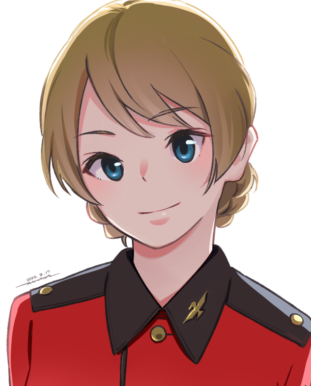 1girl artist_name bangs blonde_hair blue_eyes braid closed_mouth commentary darjeeling_(girls_und_panzer) dated epaulettes eyebrows_visible_through_hair girls_und_panzer horikou insignia jacket looking_at_viewer military military_uniform portrait red_jacket short_hair signature simple_background smile solo st._gloriana's_military_uniform tied_hair twin_braids uniform white_background