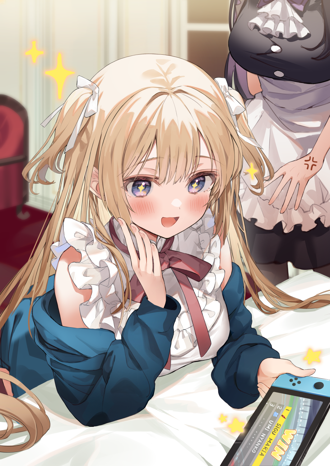 +_+ 2girls :d anger_vein bangs blonde_hair blue_eyes blue_jacket blush controller elbow_rest eyebrows_visible_through_hair frilled_shirt frills game_controller hair_ribbon hand_up highres holding holding_controller holding_game_controller jacket kanda_done long_sleeves maid multiple_girls neck_ribbon nintendo_switch off_shoulder open_mouth original pink_neckwear pink_ribbon ribbon shirt sleeveless sleeveless_shirt smile solo_focus sparkle two_side_up white_ribbon white_shirt