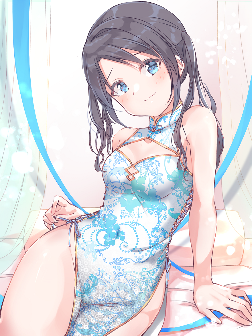 1girl arm_support bangs bare_shoulders black_hair blue_dress blue_eyes blush china_dress chinese_clothes cleavage_cutout closed_mouth clothing_cutout contrapposto dress eyebrows_visible_through_hair floral_print hair_over_shoulder high_collar idolmaster idolmaster_shiny_colors looking_at_viewer mitsumine_yuika no_panties on_bed pelvic_curtain print_dress shiitake_taishi side_cutout side_slit simple_background sitting smile solo swept_bangs thighs twintails untying