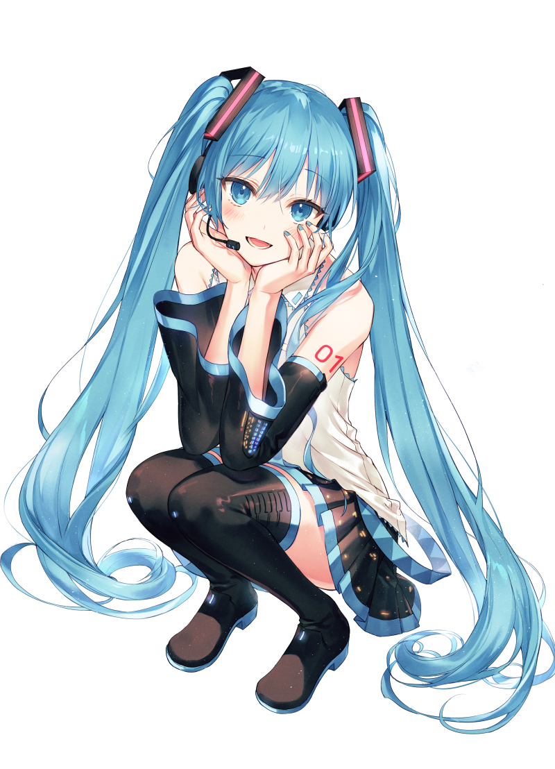 1girl :d bangs bare_shoulders black_legwear black_skirt blue_eyes blue_hair blue_nails blush detached_sleeves eyebrows_visible_through_hair full_body hair_between_eyes hands_on_own_cheeks hands_on_own_face hatsune_miku headset kh_(kh_1128) long_hair looking_at_viewer nail_polish open_mouth pleated_skirt shirt simple_background skirt smile solo squatting thigh-highs twintails very_long_hair vocaloid white_background white_shirt