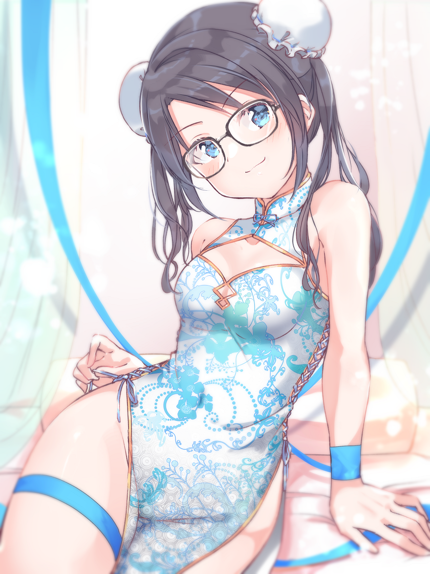 &gt;:) 1girl arm_support bangs bare_shoulders black-framed_eyewear black_hair blue_dress blue_eyes blush bun_cover china_dress chinese_clothes cleavage_cutout closed_mouth clothing_cutout contrapposto double_bun dress eyebrows_visible_through_hair floral_print glasses hair_over_shoulder high_collar idolmaster idolmaster_shiny_colors looking_at_viewer mitsumine_yuika no_panties on_bed pelvic_curtain print_dress shiitake_taishi side_cutout side_slit simple_background sitting smile solo swept_bangs thigh_strap thighs twintails untying v-shaped_eyebrows wristband