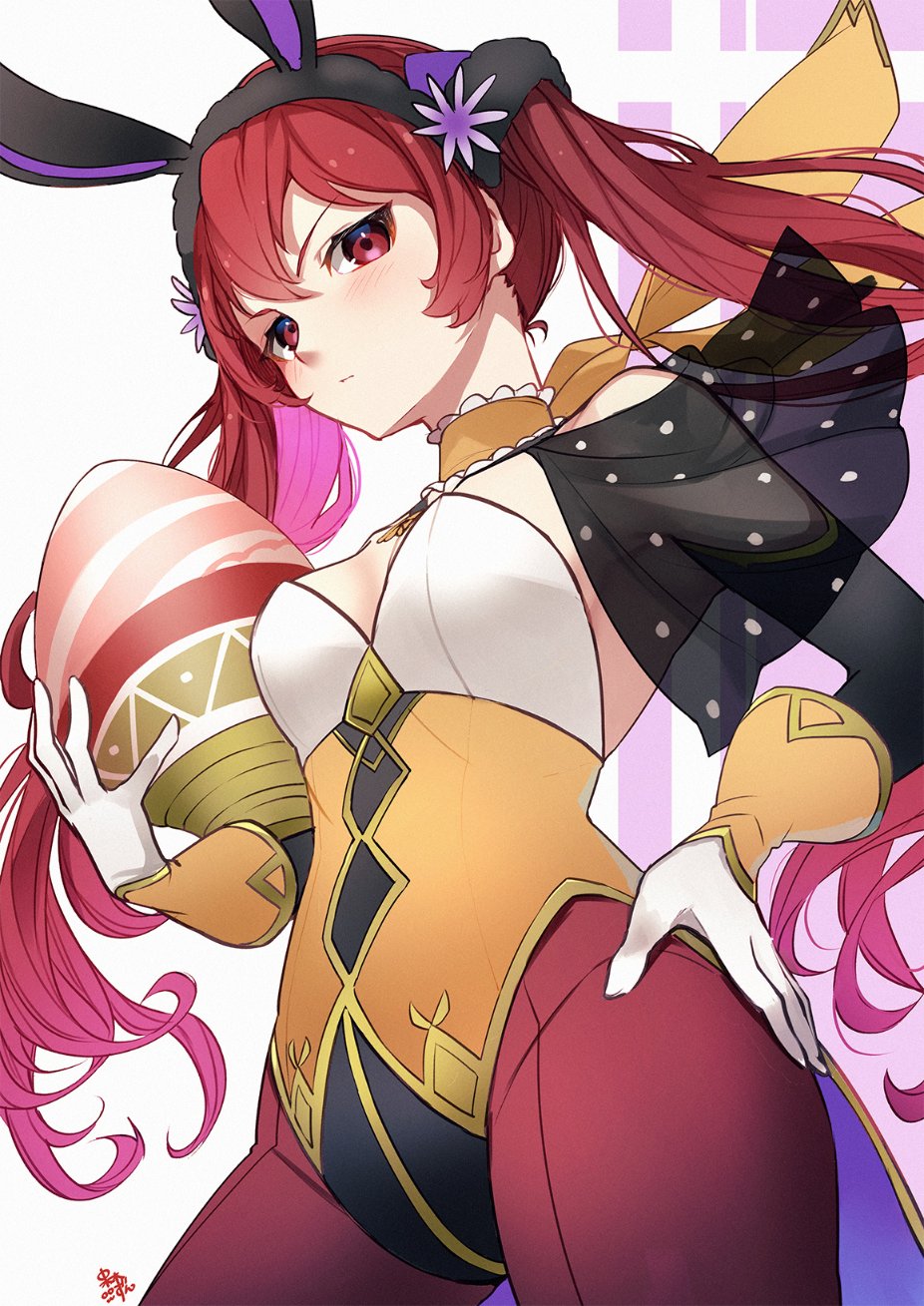1girl animal_ear_headwear animal_ears bangs bare_shoulders black_hair blush breasts commentary_request detached_sleeves egg fake_animal_ears fire_emblem fire_emblem_awakening fire_emblem_heroes gloves hair_between_eyes hairband hand_on_hip highres holding leotard long_hair nakabayashi_zun neckwear purple_background rabbit_ears red_eyes red_legwear redhead ribbon severa_(fire_emblem) small_breasts solo twintails two-tone_background white_background white_gloves yellow_ribbon