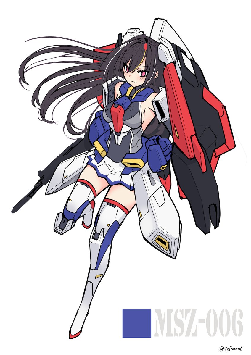 1girl black_hair blonde_hair boots breasts floating_hair gun gundam hair_between_eyes highres holding holding_gun holding_shield holding_weapon i.takashi mecha_musume medium_breasts multicolored_hair personification red_eyes shield sideboob skirt smile solo streaked_hair thigh-highs thigh_boots v-shaped_eyebrows weapon white_background white_hair white_skirt zeta_gundam zeta_gundam_(mobile_suit)