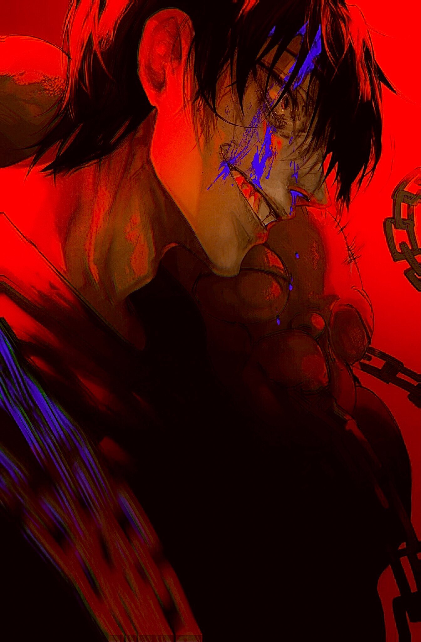1boy bangs black_eyes black_hair black_shirt blood blood_on_face blue_blood chain closed_eyes crazy_eyes crazy_smile creature dos_(dos_1013) fushiguro_touji gradient gradient_background highres jujutsu_kaisen looking_to_the_side male_focus motion_blur nosebleed open_mouth red_background shirt short_hair simple_background smile solo teeth upper_body weapon wide-eyed