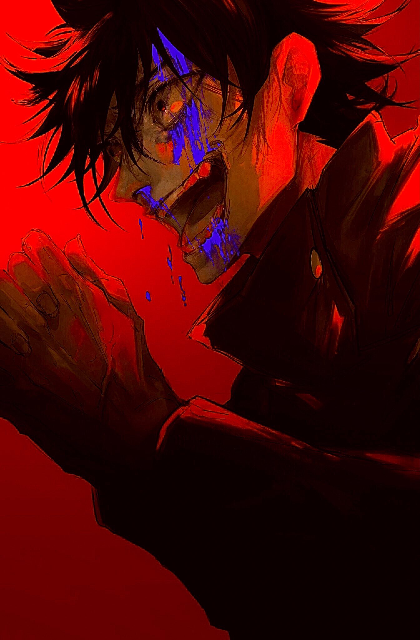 1boy black_eyes black_hair black_shirt blood blood_from_mouth blood_on_face blue_blood buttons crazy_eyes crazy_smile dos_(dos_1013) fushiguro_megumi gradient gradient_background hands_together high_collar highres incoming_attack jujutsu_kaisen long_sleeves looking_to_the_side male_focus messy_hair nosebleed open_mouth red_background shirt simple_background smile solo teeth uniform upper_body wide-eyed