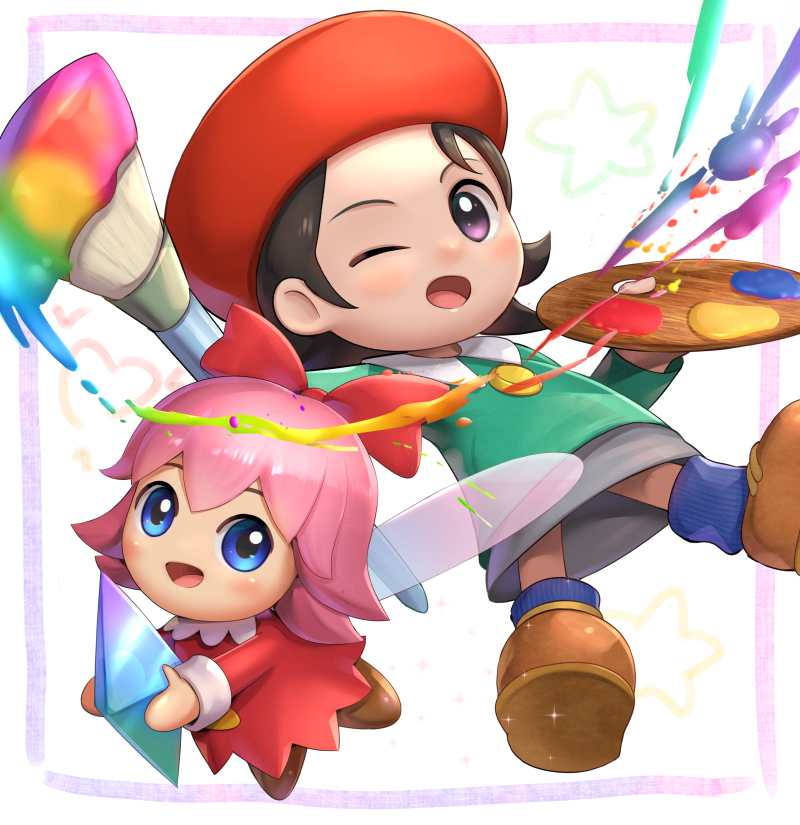 2girls adeleine black_hair blue_eyes blue_legwear fairy fairy_wings gonzarez grey_skirt kirby_(series) kirby_64 looking_at_viewer multiple_girls one_eye_closed paintbrush palette pink_hair red_headwear ribbon_(kirby) shoes skirt smile smock violet_eyes wings