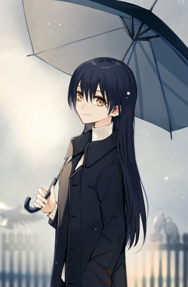 1girl bangs blue_hair coat from_side hand_in_pocket holding holding_umbrella kuma_(bloodycolor) long_hair looking_at_viewer love_live! love_live!_school_idol_project outdoors rain smile solo sonoda_umi standing swept_bangs umbrella yellow_eyes