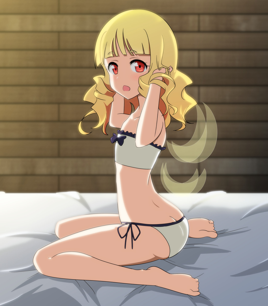 1girl bangs bare_arms bare_legs barefoot bed_sheet bikini blonde_hair blunt_bangs bow bow_bikini cato_(monocatienus) chestnut_mouth commentary detached_wings fairy_wings flat_chest from_side full_body hands_in_hair hands_up highres long_hair looking_at_viewer luna_child on_bed open_mouth red_eyes side-tie_bikini sitting solo swimsuit touhou wariza white_bikini wings