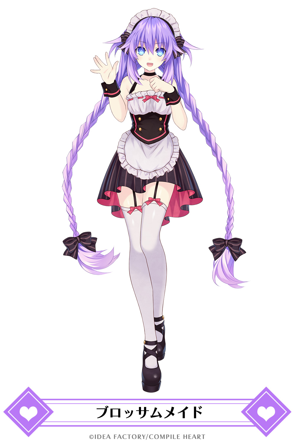 1girl apron bangs bare_shoulders blue_eyes bow braid breasts choker eyebrows_visible_through_hair full_body hair_bow heart highres long_hair looking_at_viewer maid maid_apron maid_headdress medium_breasts neptune_(series) official_art open_mouth power_symbol-shaped_pupils purple_hair purple_heart simple_background sleeveless smile solo standing symbol-shaped_pupils thigh-highs tsunako twin_braids very_long_hair waving wrist_cuffs