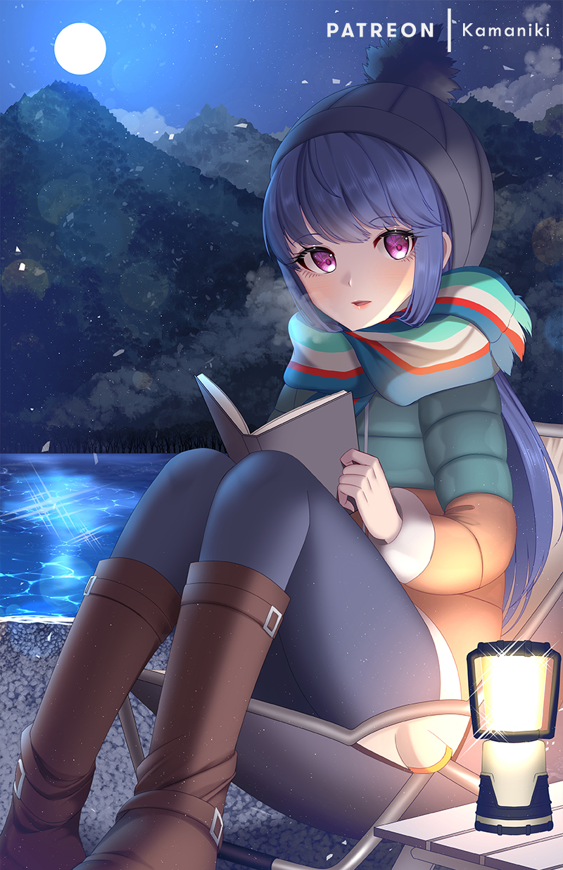 bangs blue_hair book boots breath brown_footwear camping_chair cold eyebrows_visible_through_hair full_moon hat highres kamaniki lantern moon night outdoors parted_lips patreon_username reading scarf shima_rin sidelocks sitting violet_eyes water yurucamp