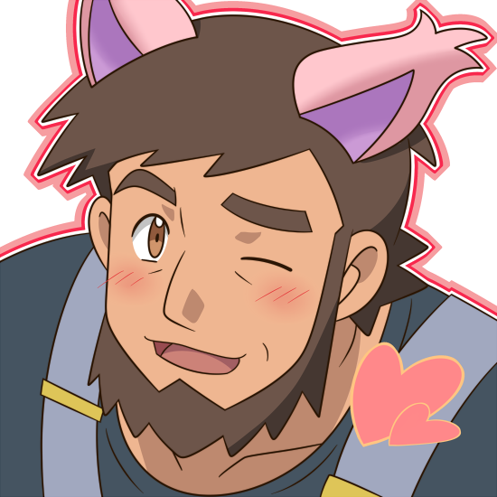 1boy ;d beard blush brown_eyes brown_hair cat_day commentary_request cosplay facial_hair grey_background looking_at_viewer male_focus meyer_(pokemon) one_eye_closed open_mouth outline pokemon pokemon_(anime) pokemon_ears pokemon_xy_(anime) shigure_(ojshigu) shirt short_hair skitty skitty_(cosplay) smile solo suspenders tongue upper_body