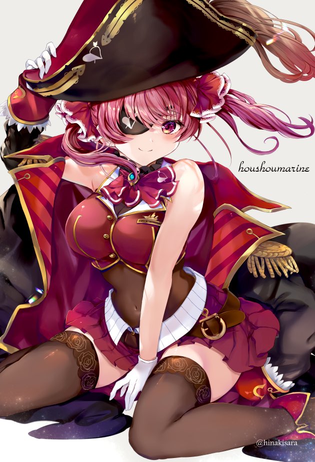 1girl bangs black_eyepatch blush breasts hair_ribbon hat hinahino hololive houshou_marine large_breasts long_hair looking_at_viewer open_mouth pirate red_eyes redhead ribbon smile solo twintails virtual_youtuber