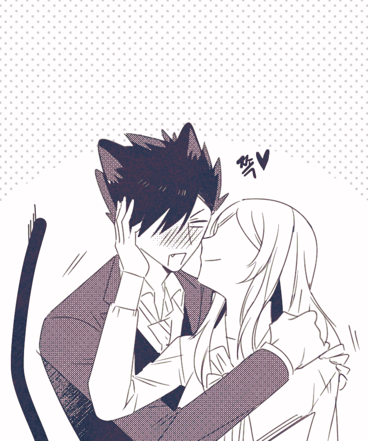 1boy 1girl animal_ears black_hair blush cat_boy cat_ears cat_tail haiba_arisa haikyuu!! heart hetero hug kuroo_tetsurou long_hair monochrome petting sanme tail