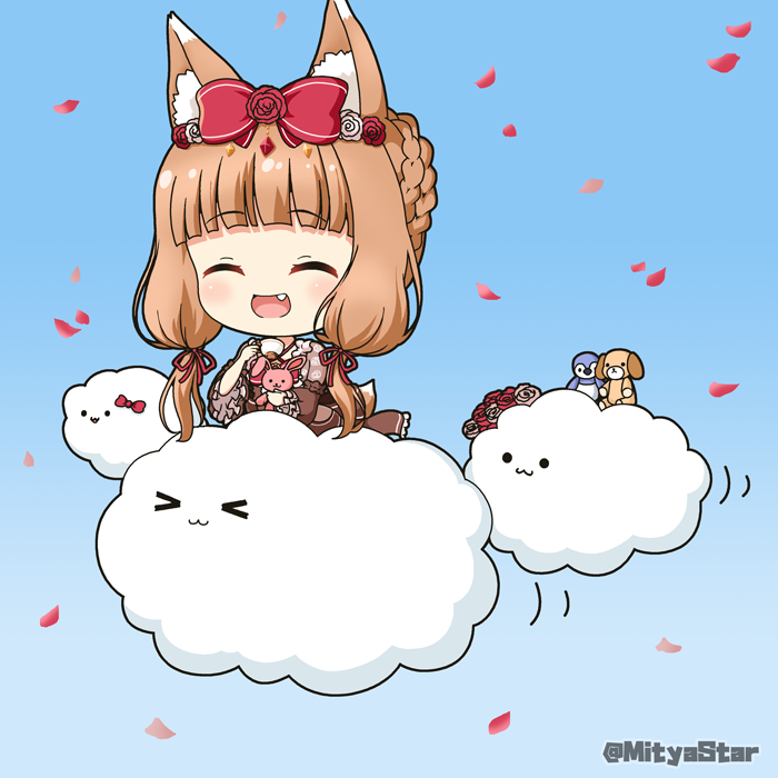 &gt;_&lt; 1girl :3 :d ^_^ animal_ear_fluff animal_ears bangs blue_background blush bow braid brown_hair closed_eyes closed_mouth clouds commentary_request eyebrows_visible_through_hair fang flower gradient gradient_background hair_bow hair_flower hair_ornament hair_ribbon long_hair low_twintails maho_(princess_connect!) miicha open_mouth petals princess_connect! princess_connect!_re:dive red_bow red_flower red_ribbon red_rose ribbon rose smile solid_circle_eyes solo stuffed_animal stuffed_bunny stuffed_dog stuffed_penguin stuffed_toy twintails twitter_username very_long_hair