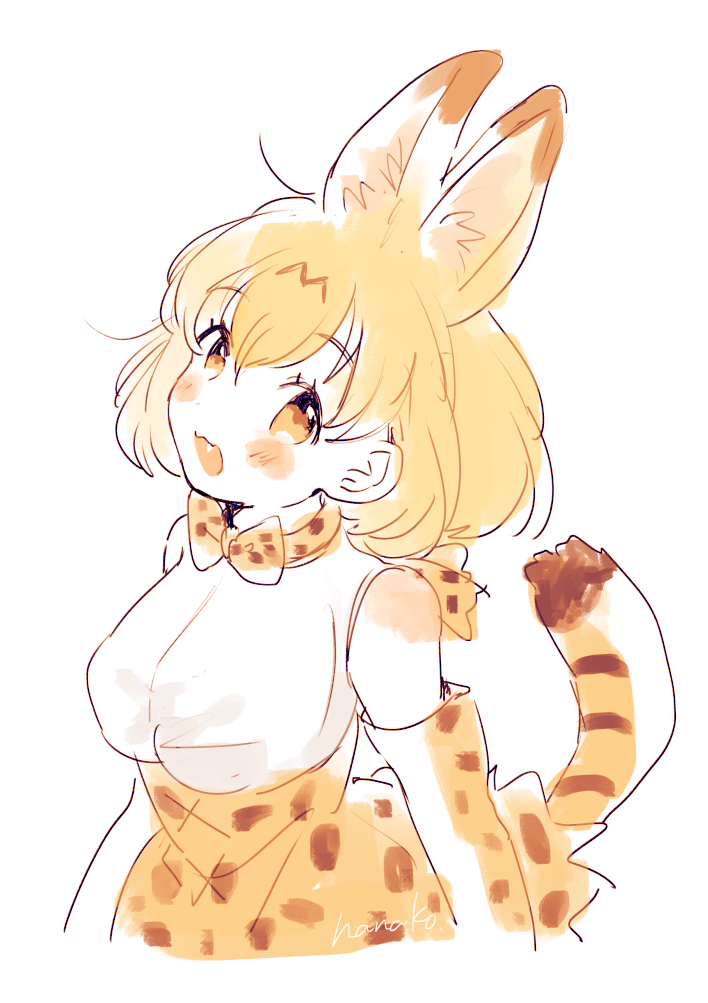1girl animal_ear_fluff animal_ears bare_shoulders blonde_hair blush bow bowtie elbow_gloves extra_ears eyebrows_visible_through_hair gloves hanako151 head_tilt high-waist_skirt kemono_friends looking_at_viewer open_mouth serval_(kemono_friends) serval_ears serval_print serval_tail shirt short_hair skirt sleeveless sleeveless_shirt smile solo striped_tail tail upper_body white_background white_shirt yellow_eyes