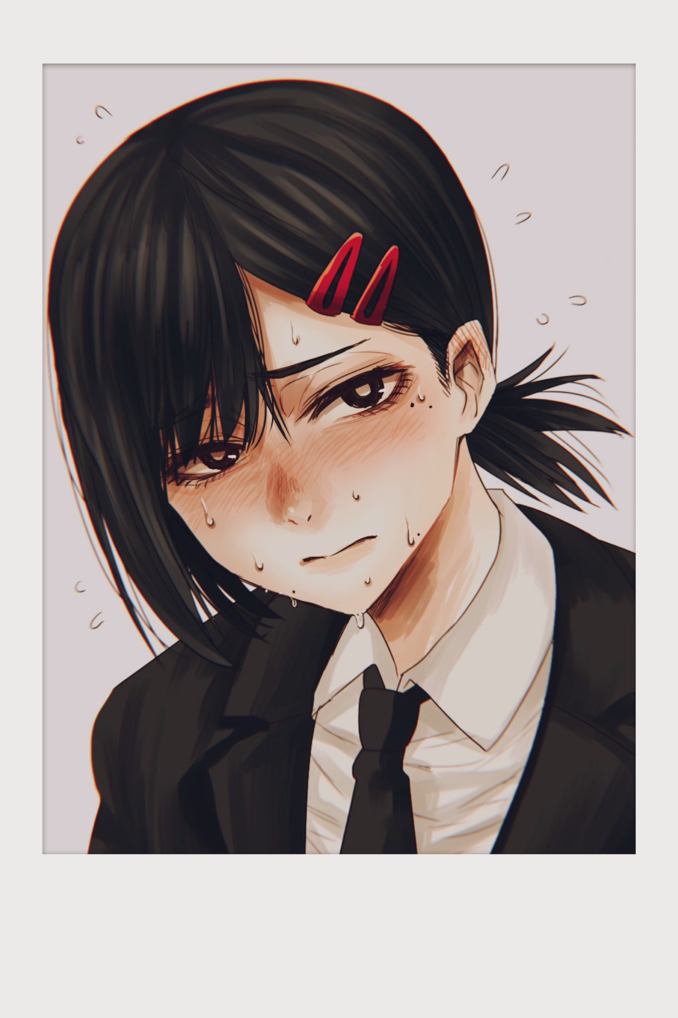 1girl asymmetrical_hair bangs black_eyes black_jacket black_neckwear blush bright_pupils chainsaw_man closed_mouth collared_shirt commentary eyebrows_visible_through_hair eyelashes formal fourth_wall furrowed_eyebrows hair_between_eyes hair_ornament hairclip higashiyama_kobeni highres hoshi_san_3 jacket looking_at_viewer mole mole_under_eye mole_under_mouth necktie nervous parted_bangs photo_(medium) portrait shirt short_hair short_ponytail simple_background solo suit sweat sweating_profusely white_background white_pupils white_shirt wing_collar