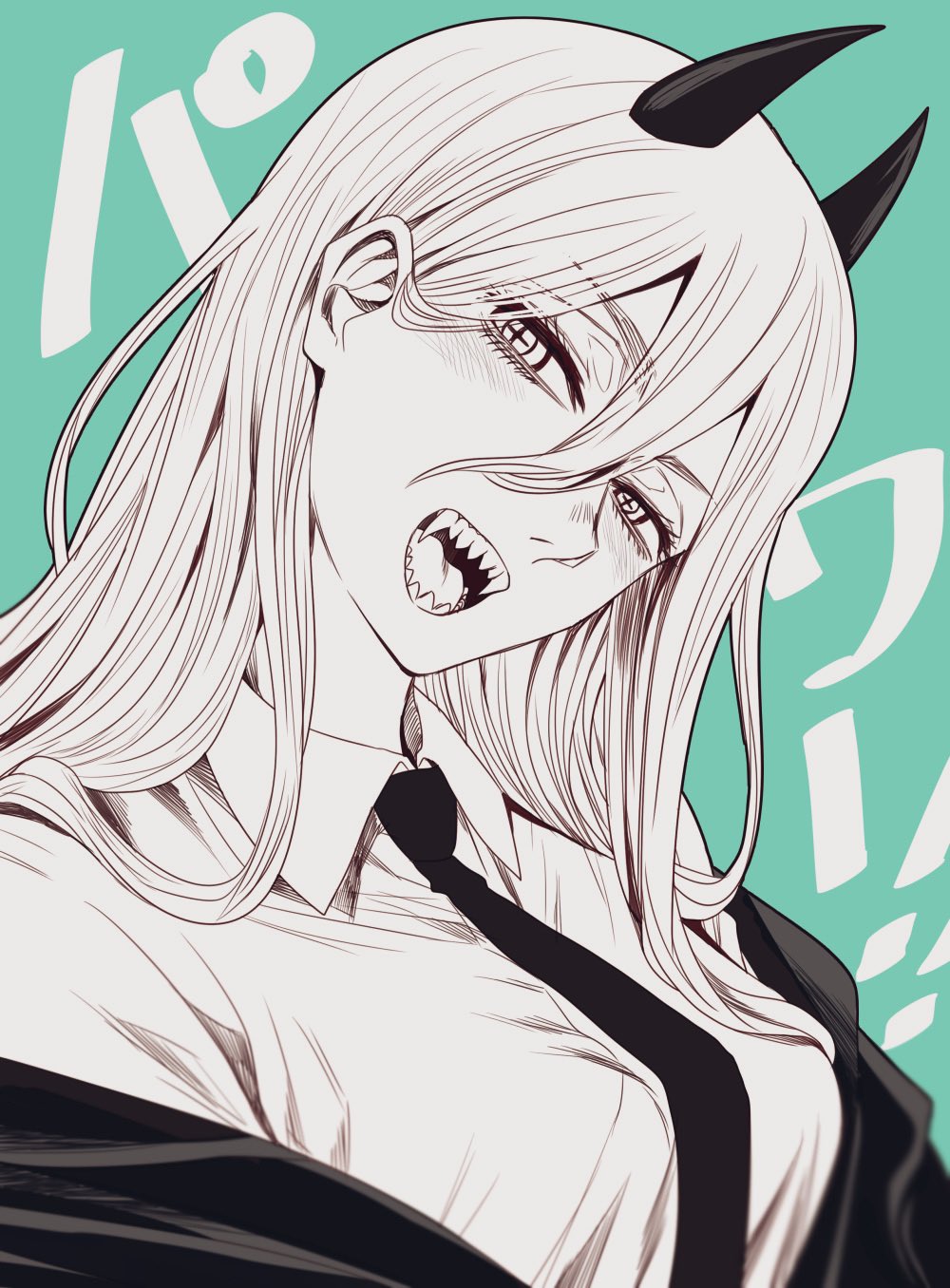 +_+ 1girl aqua_background blush breasts chainsaw_man character_name collared_shirt commentary demon_horns eyebrows_visible_through_hair eyelashes fangs formal greyscale hair_between_eyes head_tilt highres horns hoshi_san_3 jacket long_hair looking_at_viewer medium_breasts monochrome necktie off_shoulder open_clothes open_jacket open_mouth power_(chainsaw_man) sharp_teeth shirt simple_background smile solo suit teeth translated upper_body wing_collar