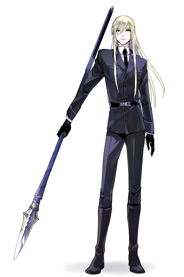1boy alternate_costume belt blonde_hair blue_eyes bluespeaker closed_mouth collared_shirt fate/grand_order fate_(series) fionn_mac_cumhaill_(fate/grand_order) formal full_body gloves holding holding_polearm holding_weapon jacket long_hair long_sleeves male_focus necktie pants polearm shirt simple_background smile solo suit weapon white_background