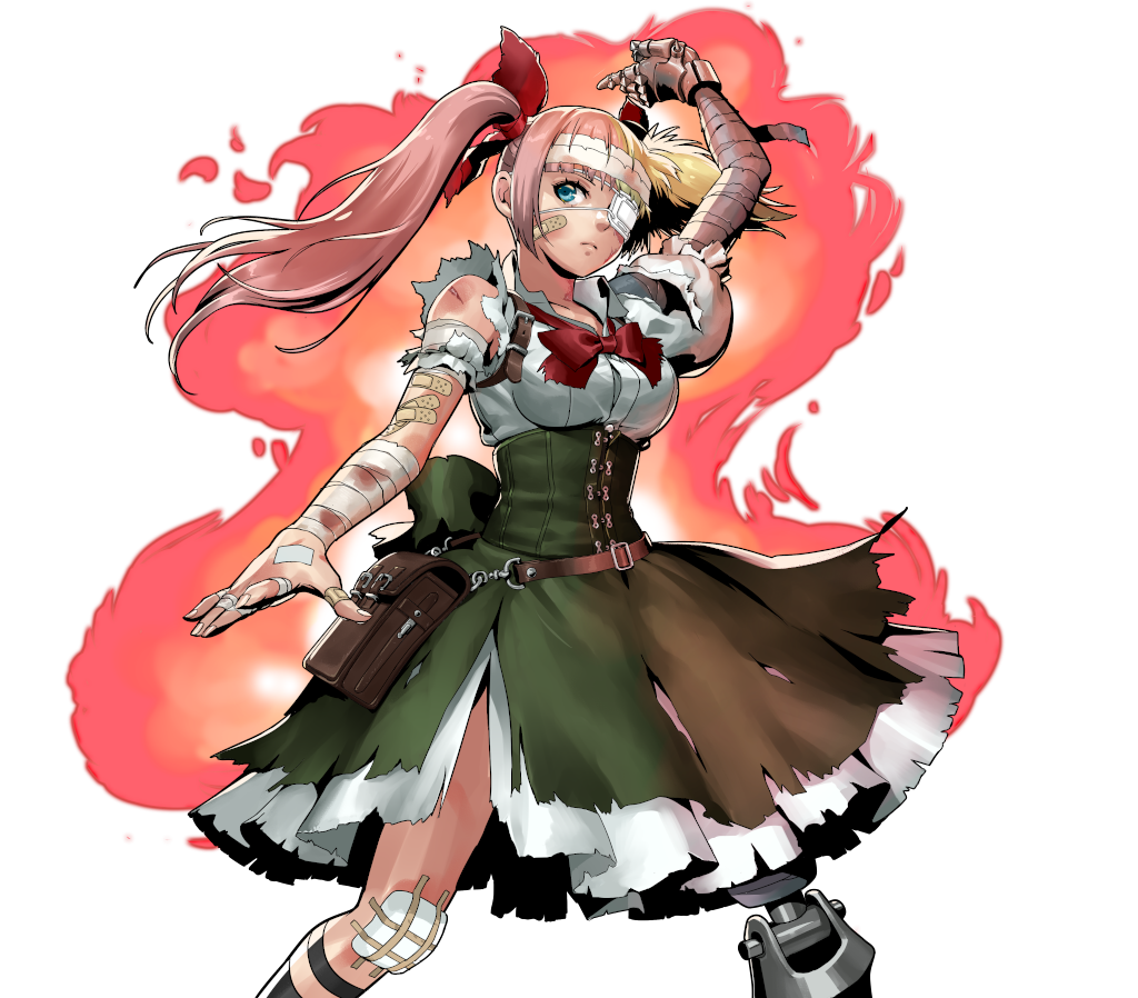 1girl bandaged_arm bandages bandaid bandaid_on_arm bandaid_on_face bandaid_on_knee belt blonde_hair burn_scar cyborg eyepatch green_skirt hair_ribbon mechanical_arms mechanical_legs medical_eyepatch metal_slug metal_slug_attack multicolored_hair official_art one_eye_covered pink_hair pouch ribbon scar senno_aki single_mechanical_arm single_mechanical_leg skirt solo torn_clothes torn_skirt torn_sleeves twintails vita_(metal_slug)