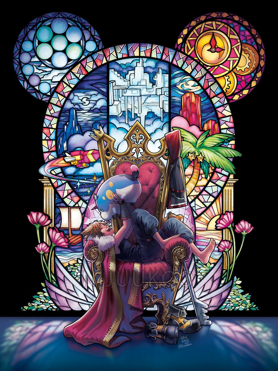 1boy artist_name barefoot brown_hair cape closed_eyes fingerless_gloves fur_collar gloves highres hood hoodie hoodie_removed kingdom_hearts kingdom_hearts_iii lying nijuuni on_back open_mouth red_cape shoes_removed smile sora_(kingdom_hearts) spiky_hair stained_glass tank_top throne wondernyan_(kingdom_hearts)
