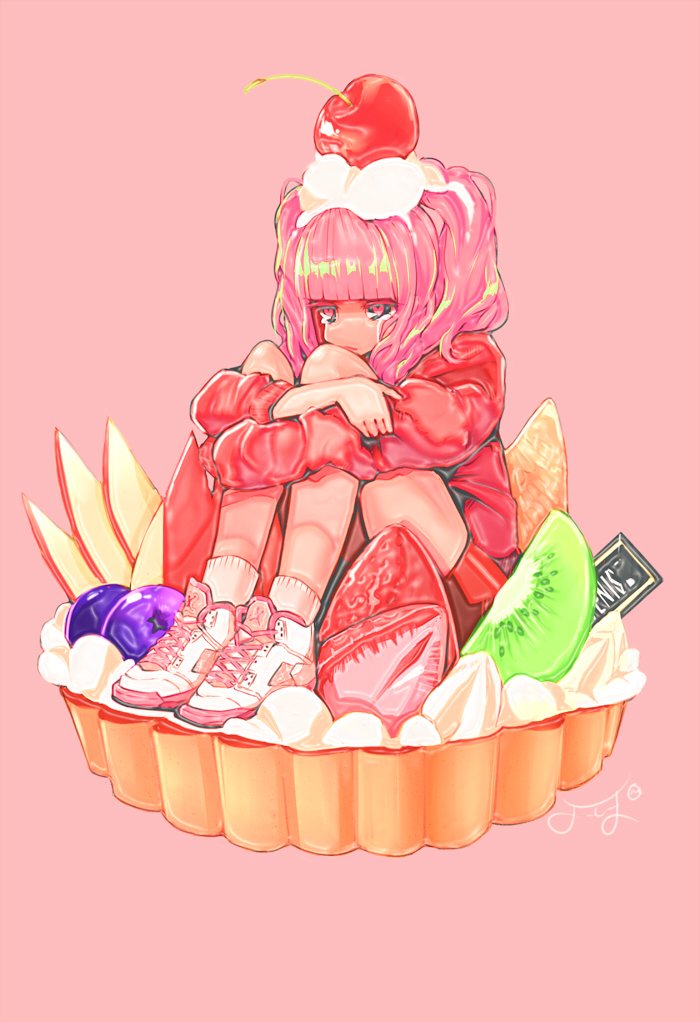 1girl bangs blueberry blunt_bangs cherry food fruit full_body kiwi_slice kiwifruit knees_up long_hair long_sleeves original oversized_food pink_background pink_hair pink_theme red_shirt shirt shoes simple_background sitting solo strawberry tart_(food) white_footwear yokoshima_jet