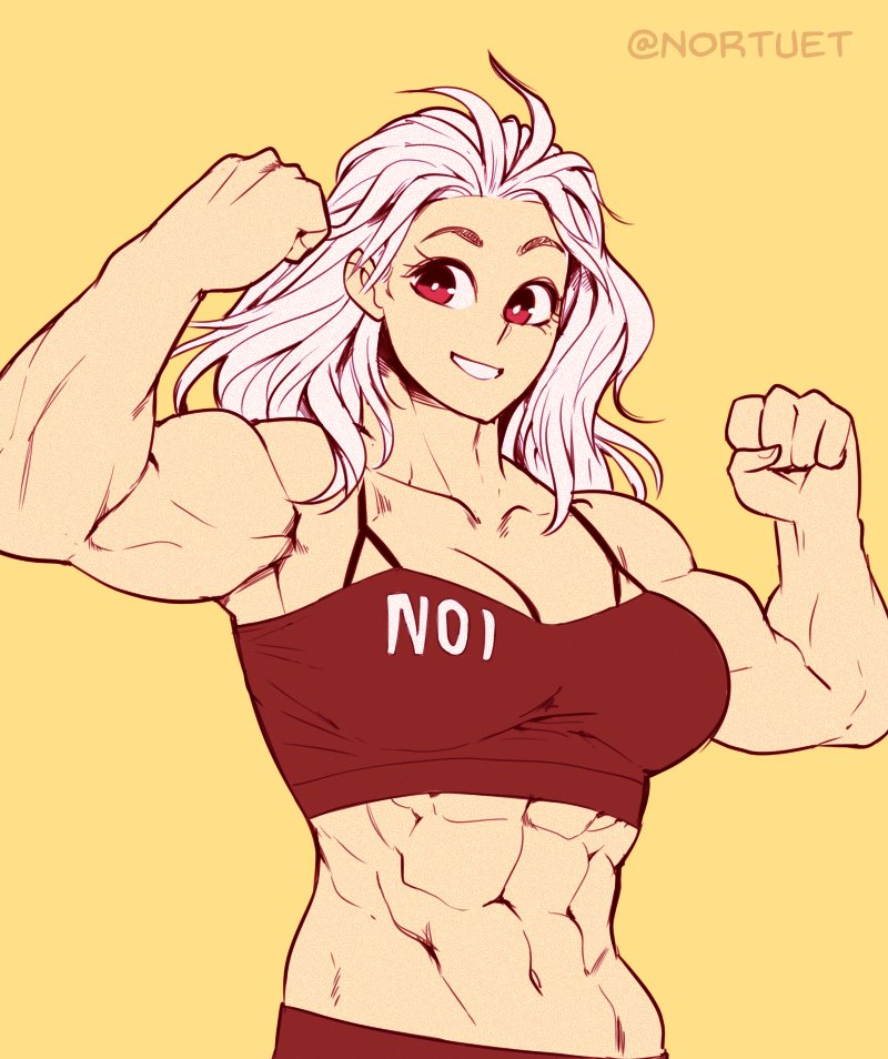 1girl abs armpits biceps breasts dorohedoro earrings jewelry large_breasts long_hair looking_at_viewer muscular muscular_female noi_(dorohedoro) nortuet red_eyes shirt simple_background smile solo white_hair