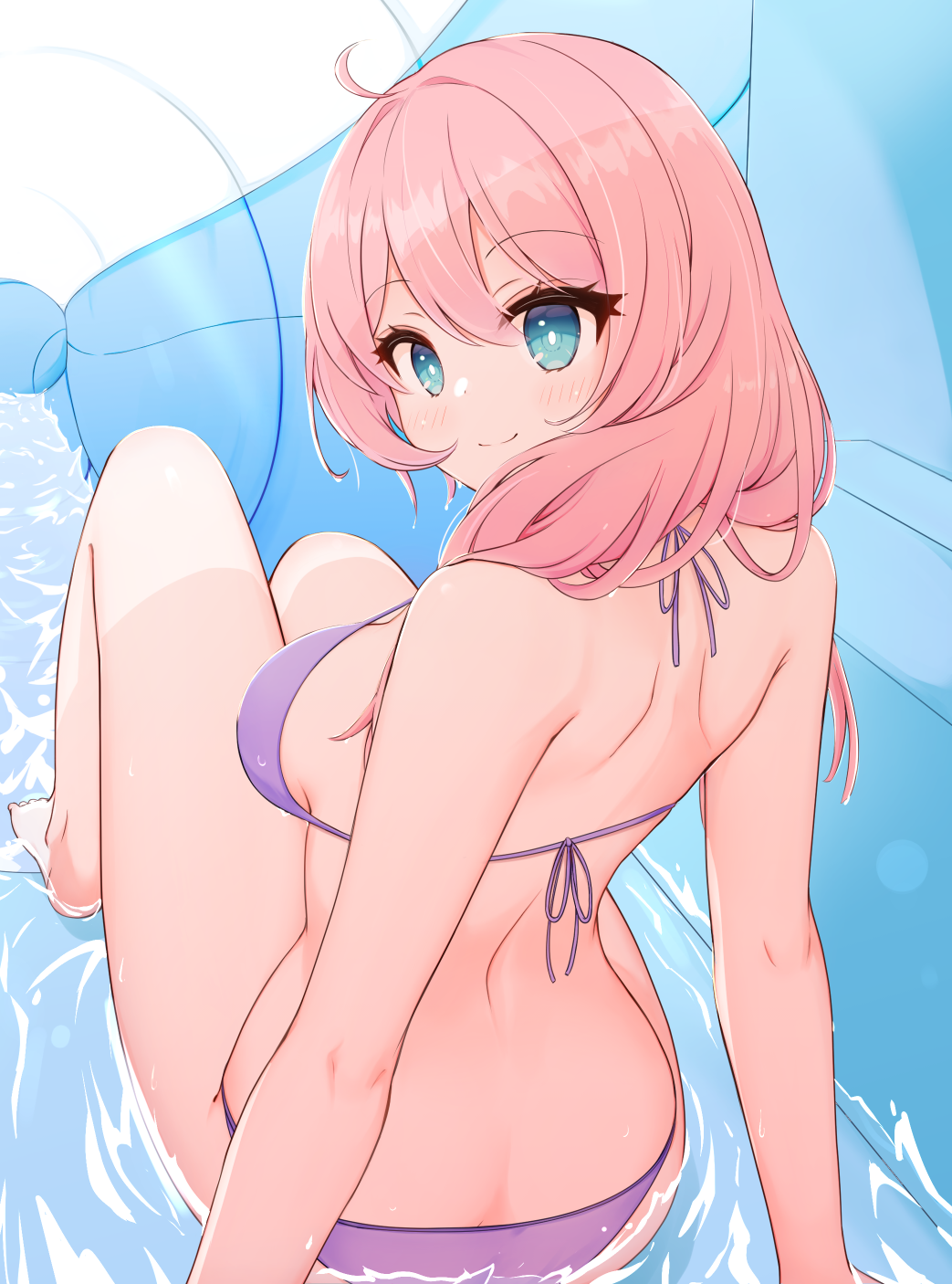 1girl ahoge arknights bangs bare_arms bare_legs bare_shoulders barefoot bikini blue_poison_(arknights) blush breasts commentary_request eyebrows_visible_through_hair from_behind hair_between_eyes halterneck highres looking_at_viewer looking_back medium_breasts partial_commentary purple_bikini risshu sitting smile solo swimsuit thighs water_slide