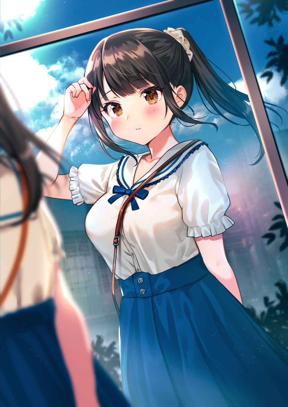 1girl adjusting_hair bangs blue_neckwear blue_ribbon blue_skirt blunt_bangs blush brown_eyes brown_hair closed_mouth clouds collared_shirt highres long_hair long_skirt looking_at_viewer neck_ribbon nishizawa original ponytail reflection ribbon scrunchie shirt short_sleeves skirt sky solo standing tree white_shirt window