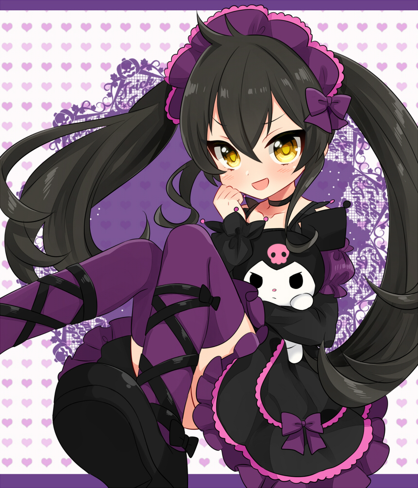 1girl :d ass black_dress black_footwear black_hair choker dress hair_ornament hair_ribbon hairband heart heart_background idolmaster idolmaster_cinderella_girls kuromi lace-trimmed_skirt lace_trim leg_ribbon long_sleeves matoba_risa onegai_my_melody open_mouth patterned_background purple_hairband purple_legwear purple_ribbon ribbon saito_katuo skirt smile yellow_eyes