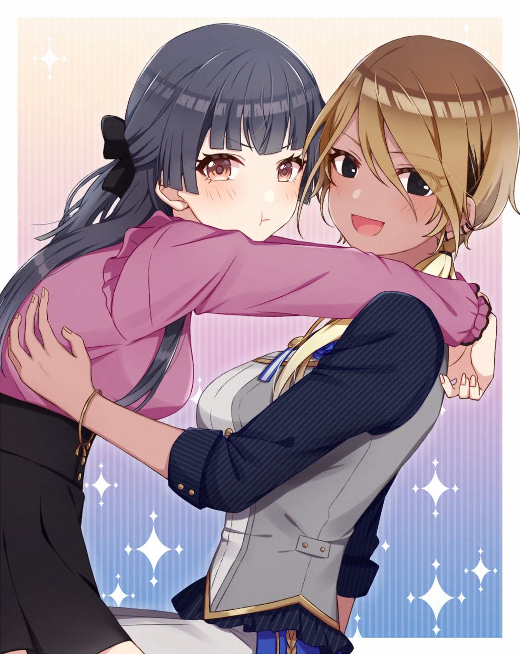 2girls :d arms_around_neck ascot bangs black_eyes black_hair blonde_hair blouse blue_background blunt_bangs blush bow bracelet breasts brown_eyes brown_hair collared_shirt earrings frilled_blouse gradient gradient_background gradient_hair gyaru hair_bow highres hoshino_hikari hug idolmaster idolmaster_shiny_colors izumi_mei jewelry large_breasts long_hair looking_at_viewer mayuzumi_fuyuko medium_breasts miniskirt multicolored_hair multiple_earrings multiple_girls open_mouth pants pink_background ponytail pout shirt simple_background skirt smile star_(symbol) striped striped_shirt tan vest yuri