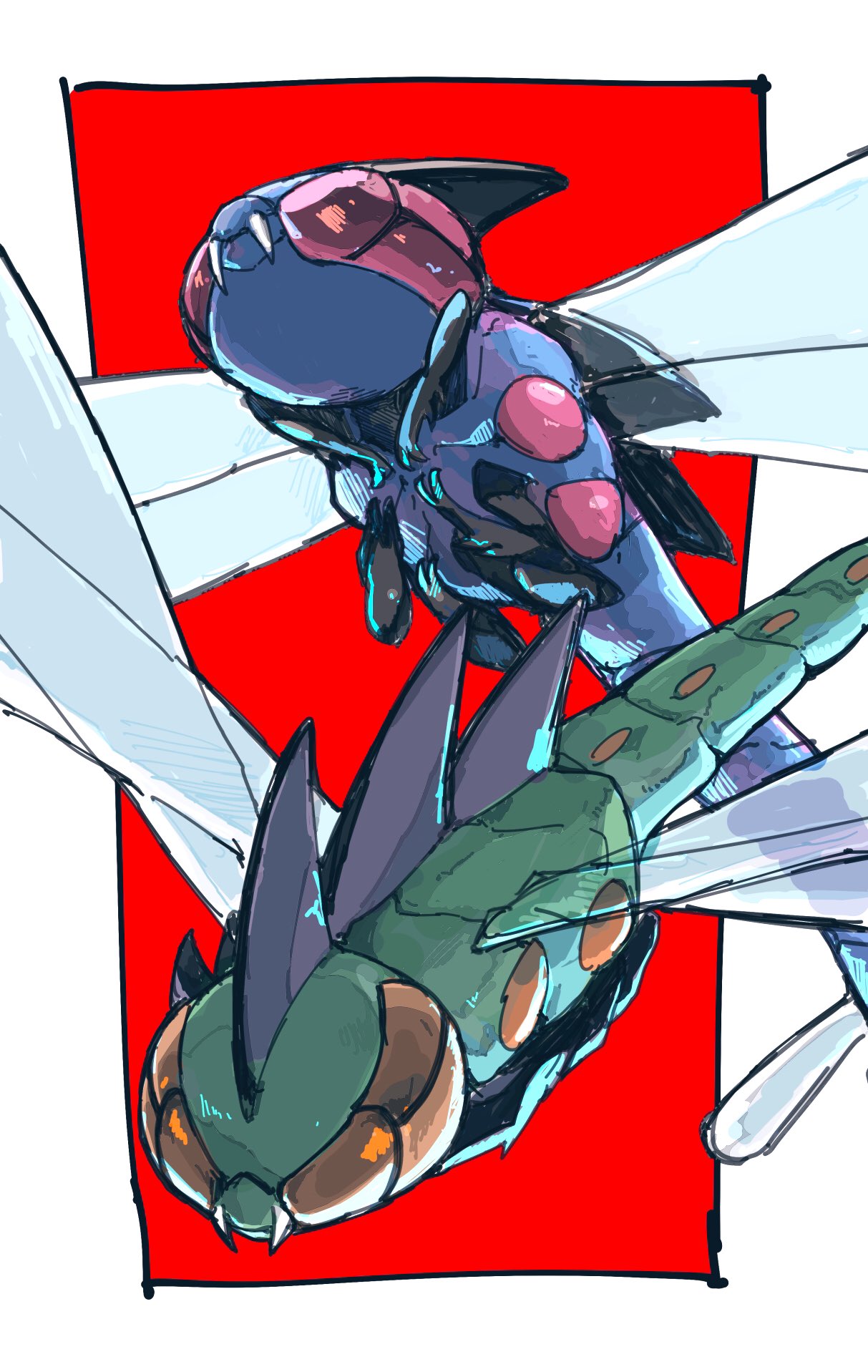 alternate_color bug closed_mouth commentary_request fangs fangs_out gen_4_pokemon highres insect no_humans orange_eyes pokemon pokemon_(creature) shiny_pokemon sketch uraya violet_eyes yanmega