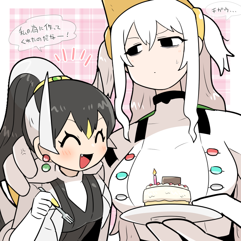 2girls anger_vein arceus black_hair blush breasts cake candle closed_eyes commentary_request earrings fang food fork gen_4_pokemon gngmrkas hand_on_another's_shoulder height_difference jewelry legendary_pokemon long_hair multicolored_hair multiple_girls mythical_pokemon open_mouth personification plaid plaid_background pokemon ponytail regigigas sweatdrop translation_request white_hair