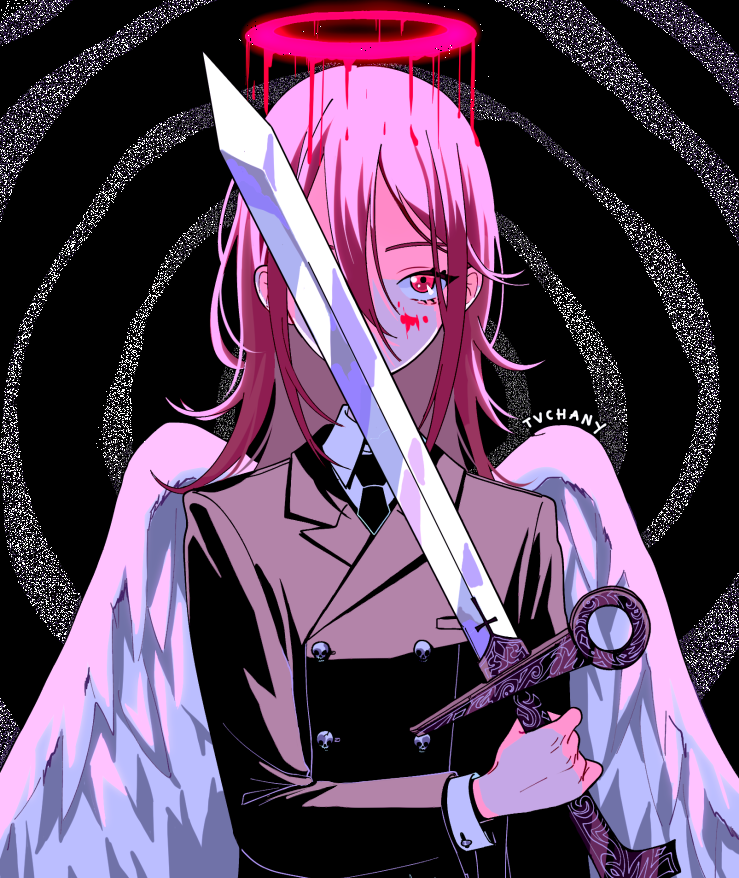 1girl angel_devil_(chainsaw_man) angel_wings black_neckwear business_suit chainsaw_man covered_face dripping feathered_wings formal hair_between_eyes halo holding holding_sword holding_weapon long_sleeves looking_at_viewer myon_(tokipi) necktie purple_hair red_eyes signature solo suit sword weapon wings
